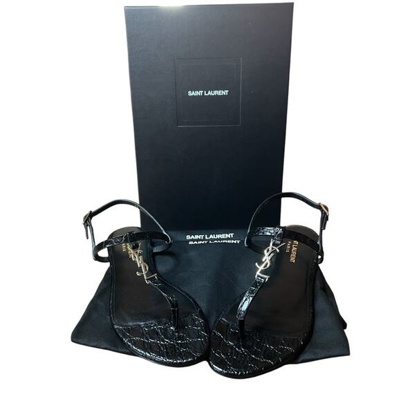 Saint Laurent Cassandra Flat Sandals Black Patent Leather Black NEW EU 36 US 6 - Picture 1 of 13